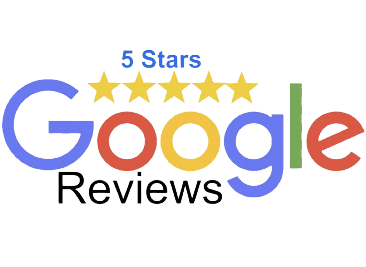 Logo of Google Reviews with five gold stars above the word 'Google' in its colorful style and the word 'Reviews' below in black text.