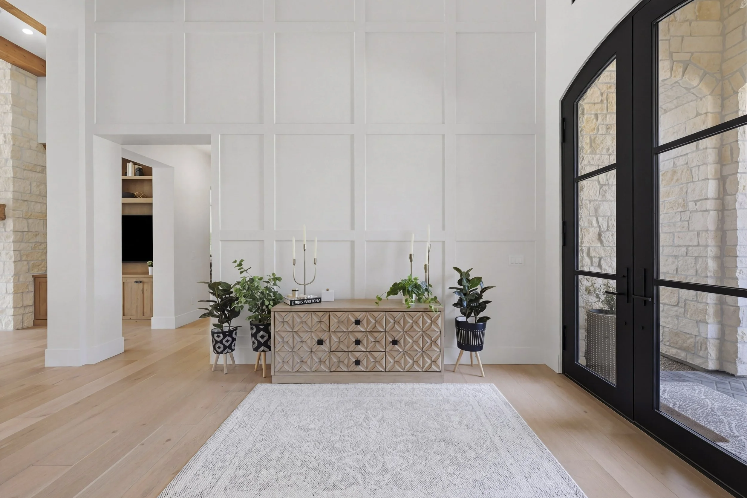 Interior of a modern home entryway with light wood flooring, white paneled wall, black-framed glass door, and decorative furniture with plants.