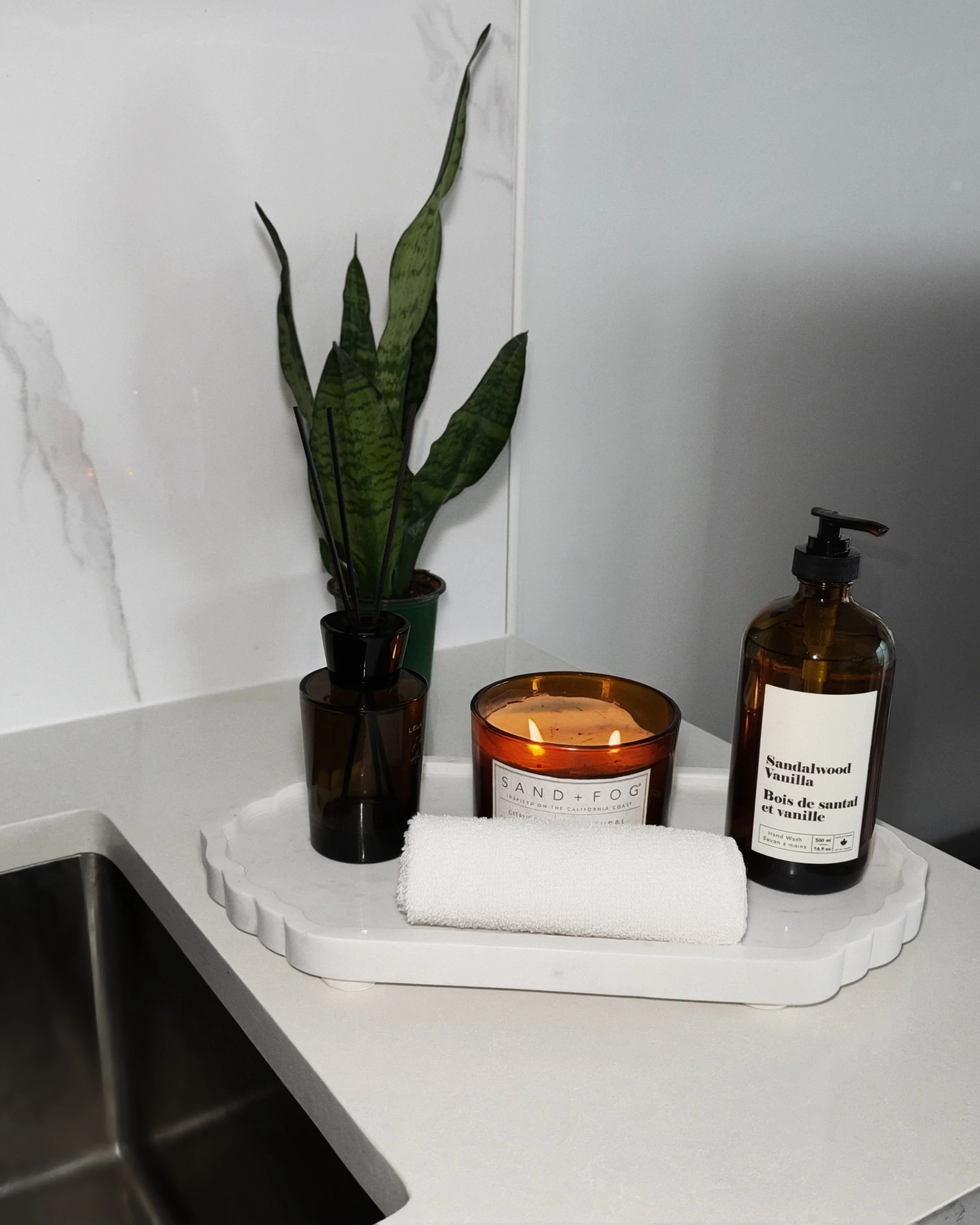 Decorative bathroom shelf with potted snake plant, scented candle, soap dispenser, and rolled towel on a white tray.