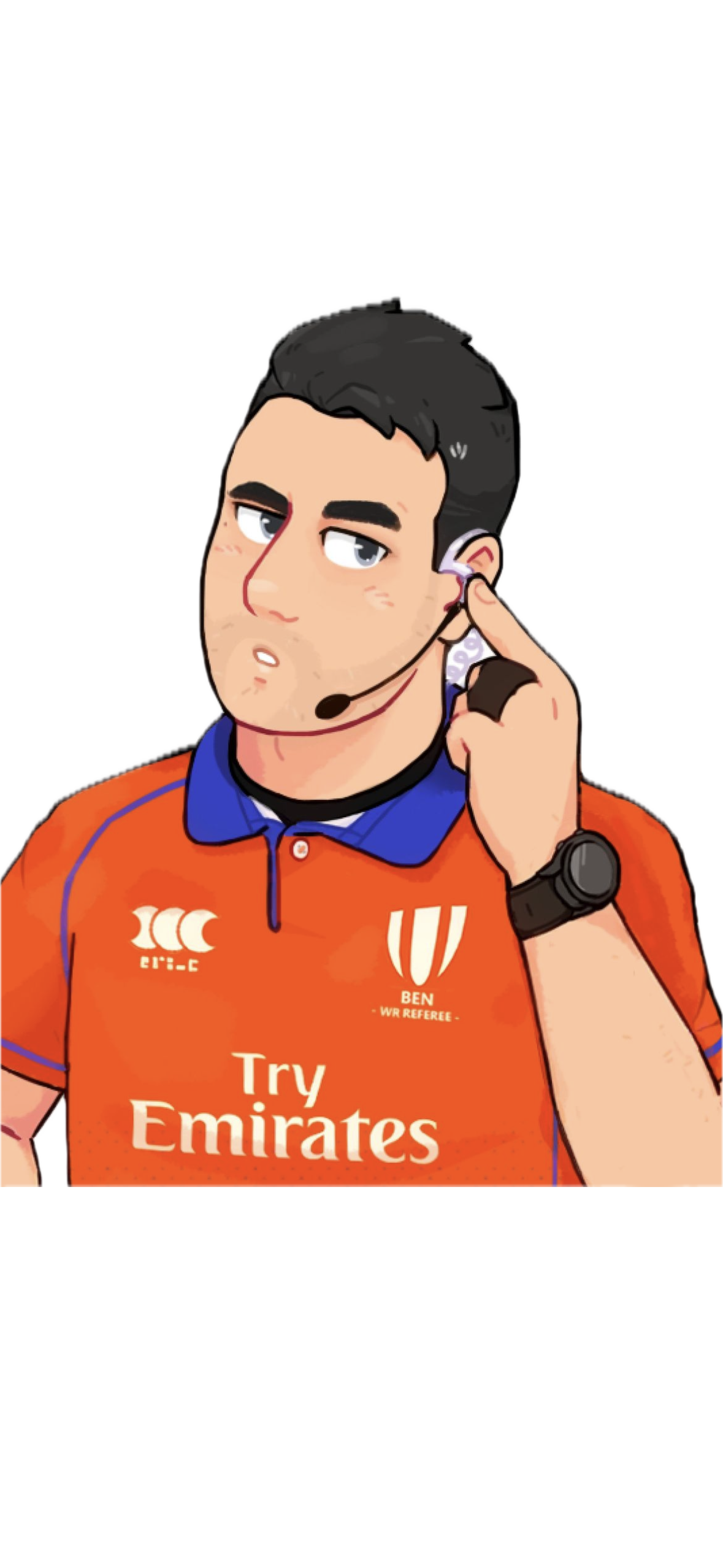 Cartoon image of Ben O'Keeffe wearing an orange sports jersey with sponsor logos, a black wristwatch, and a headset, pointing to his ear.