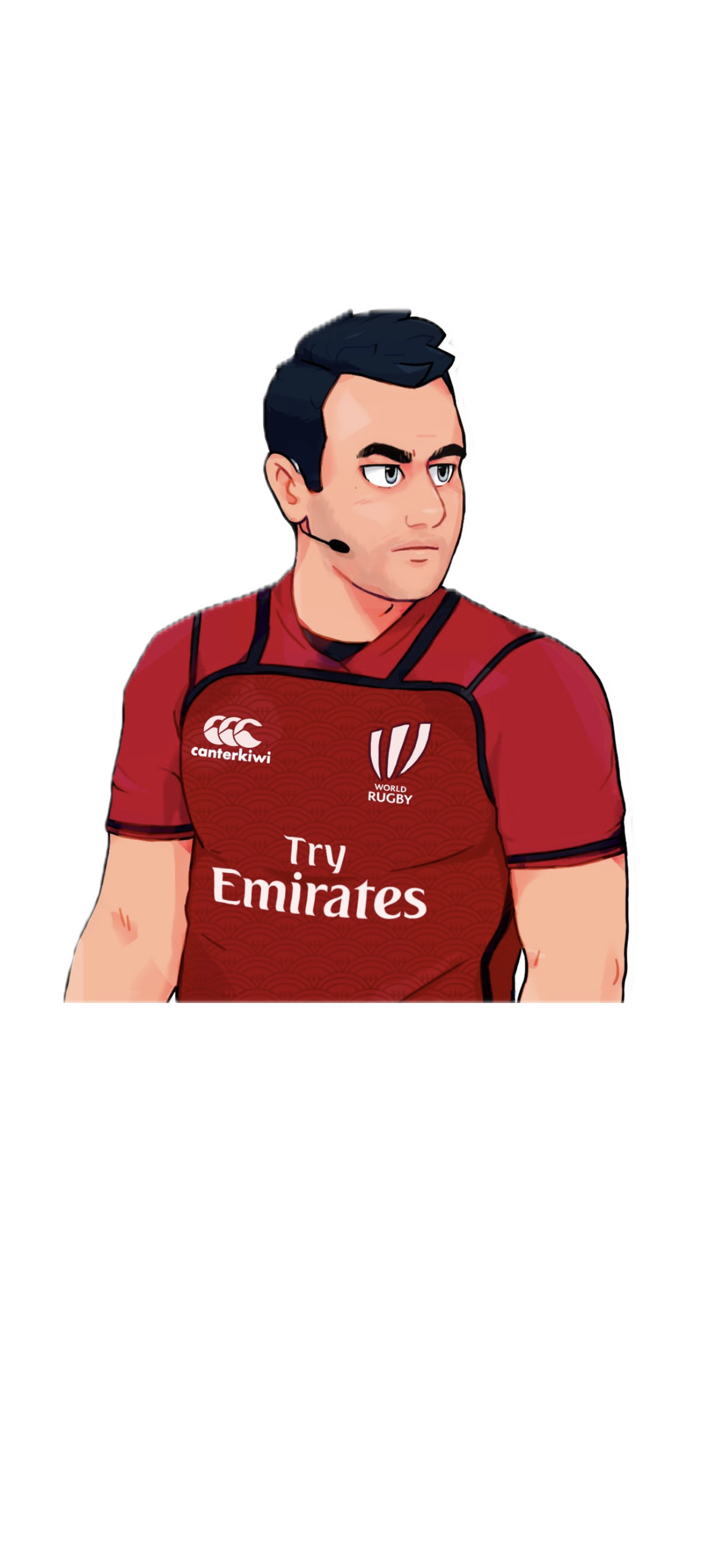 An animated illustration of Ben O'Keeffe a rugby player with black hair, wearing a red Canterbury rugby jersey with sponsors and logos, looking to his left with a serious expression.