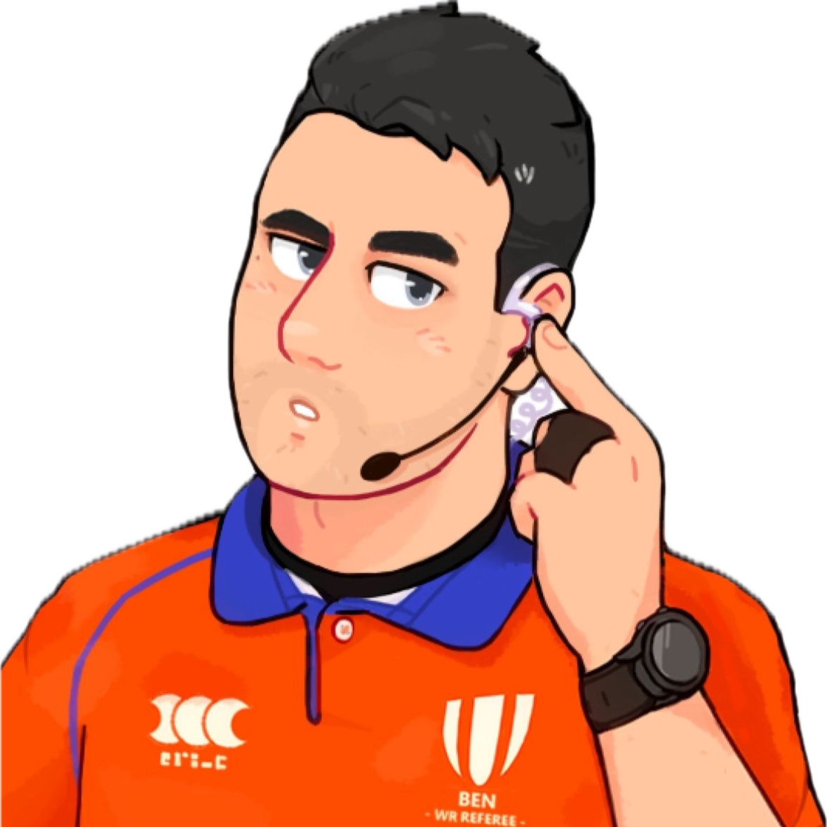 Cartoon illustration of Ben O'Keeffe, an international rugby referee with a headset, wearing an orange shirt with a logo and the text 'Ben - WR Referee,' pointing to his ear.