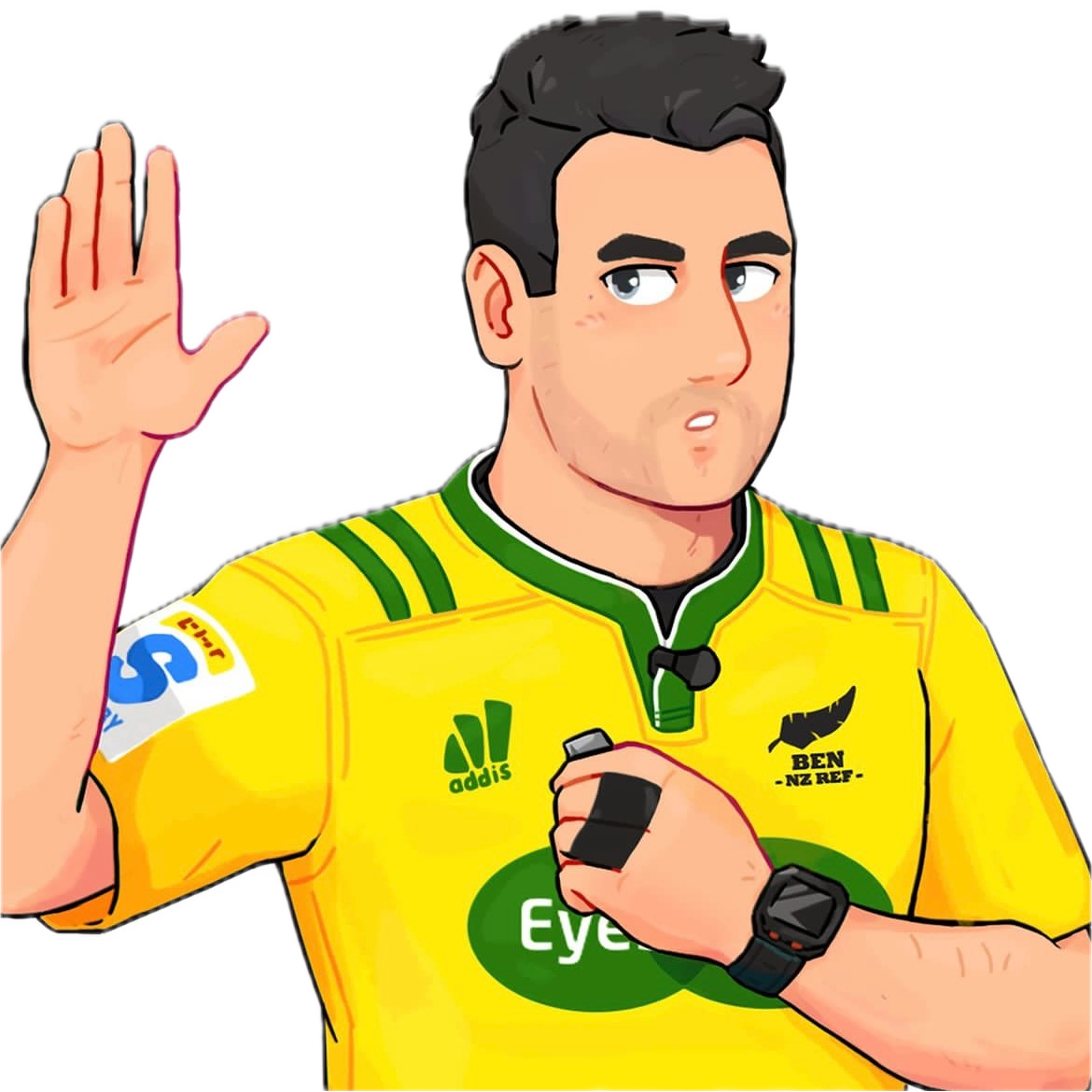 Illustration of Ben O'Keeffe, an international rugby referee with dark hair in a yellow and green sports jersey, making a gesture with his right hand and holding a fitness tracker with his left, against a black background.
