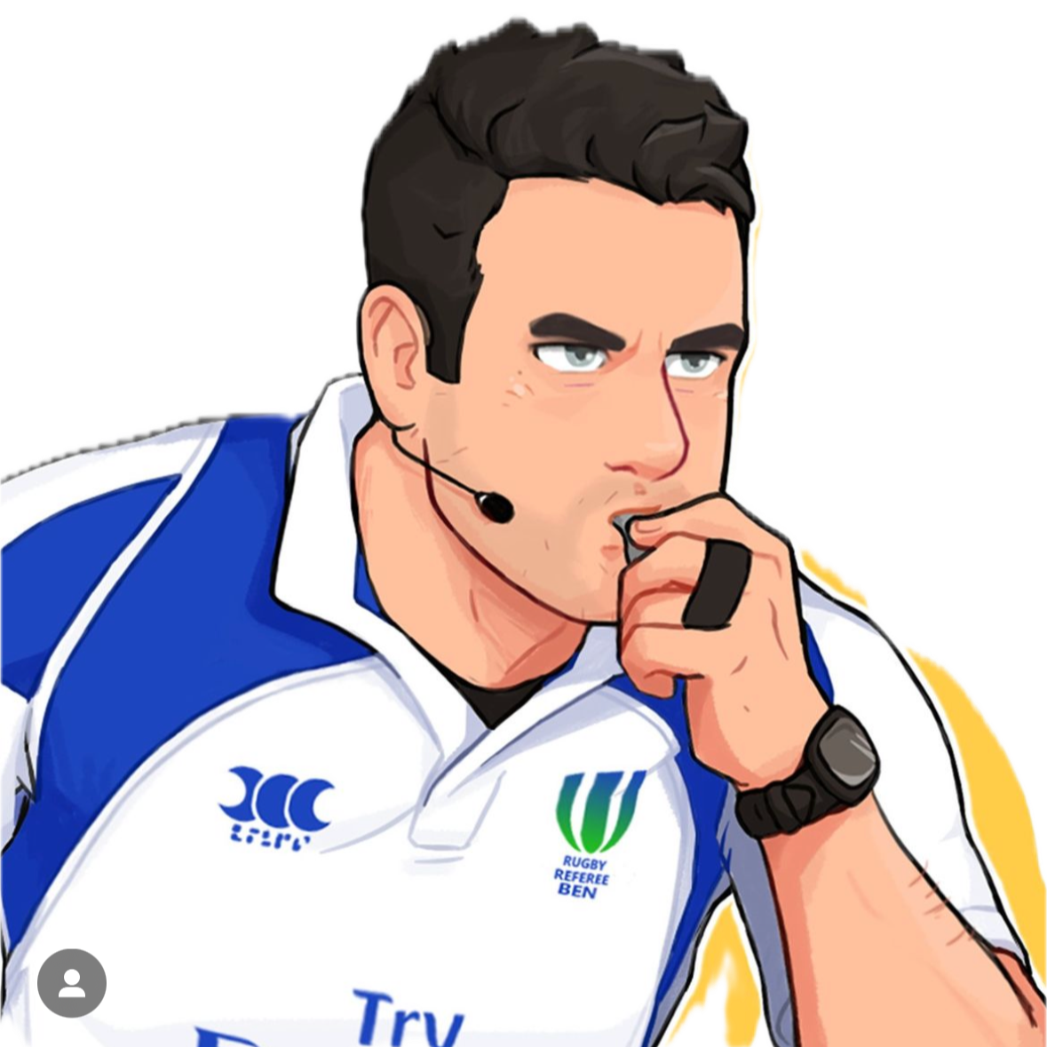 Illustration of Ben O'Keeffe, an international rugby referee with dark hair, wearing a white and blue uniform with logos and a headset, in a thoughtful pose.