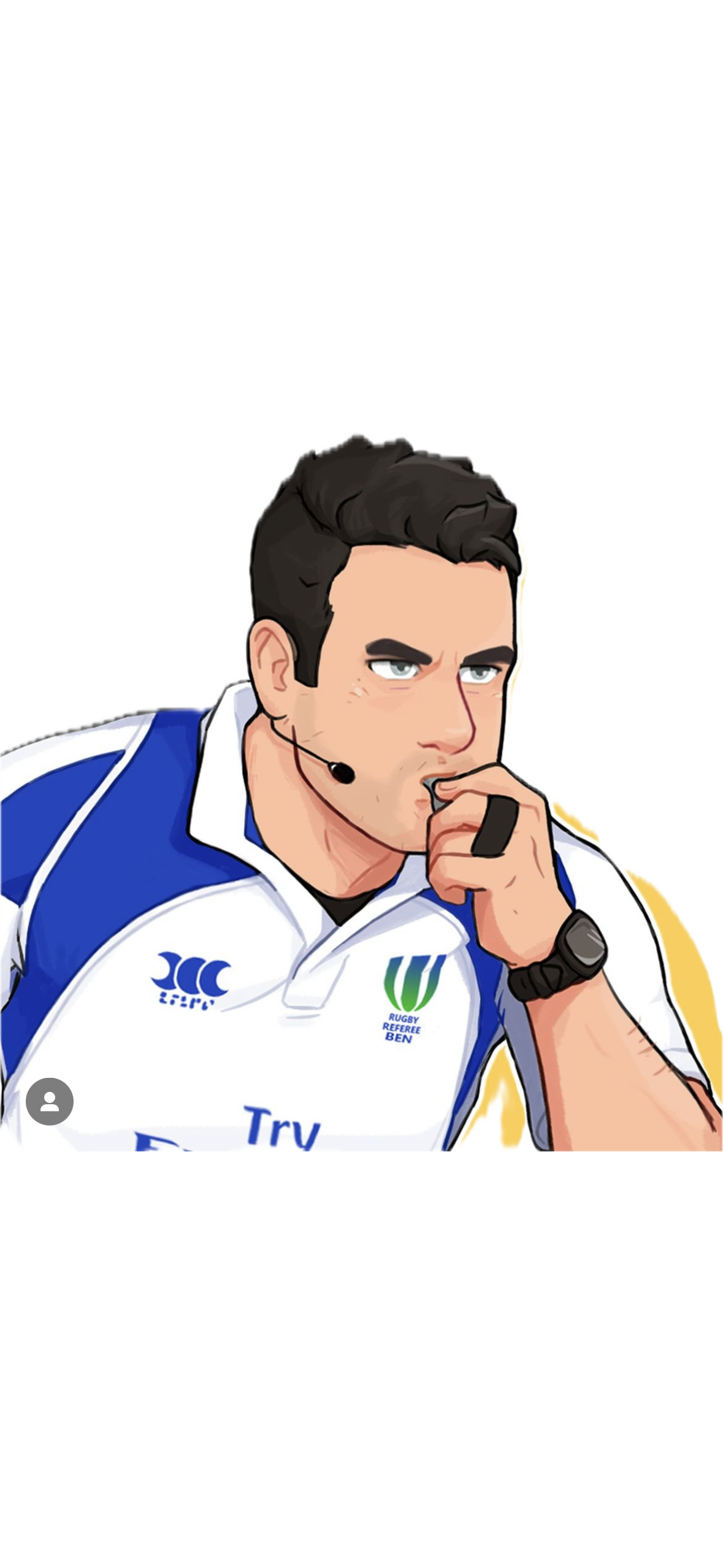 Cartoon illustration of Ben O'Keeffe a male rugby referee wearing a white and blue uniform with logos, a headset, and a black wristwatch, with a thoughtful expression and his hand on his chin.