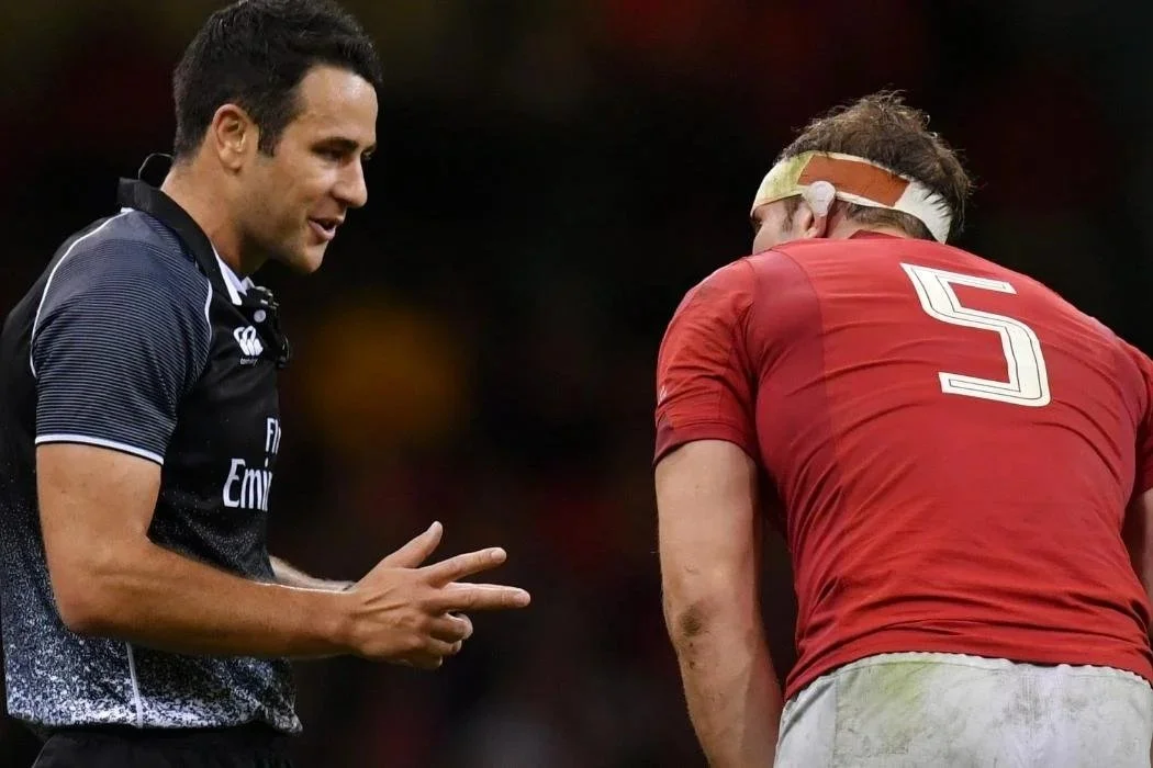 Ben O'Keeffe a referee talking to a rugby player wearing a red jersey with the number five on the back, during a sports match