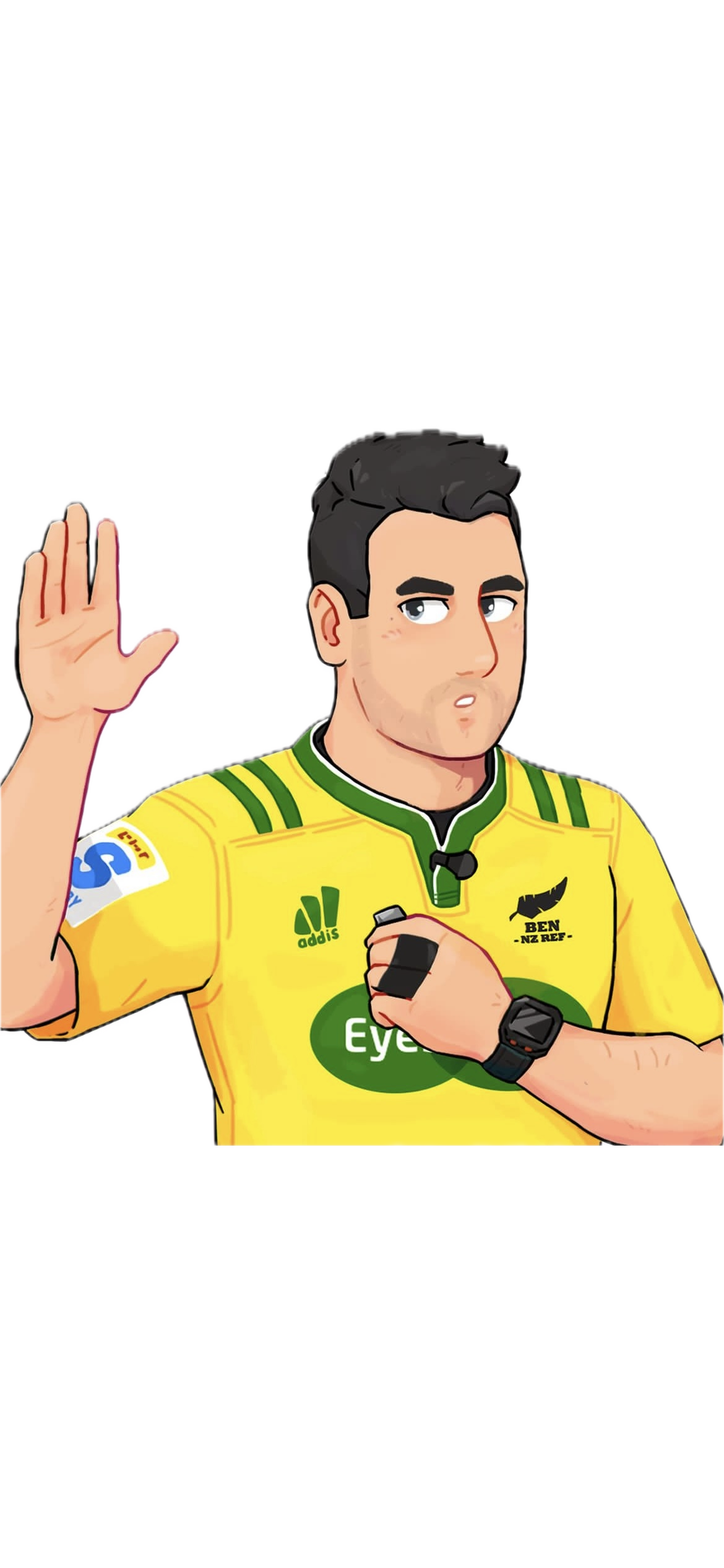 Digital illustration of Ben O'Keeffe in a yellow sports jersey, raising one hand and holding a device, with a serious facial expression.