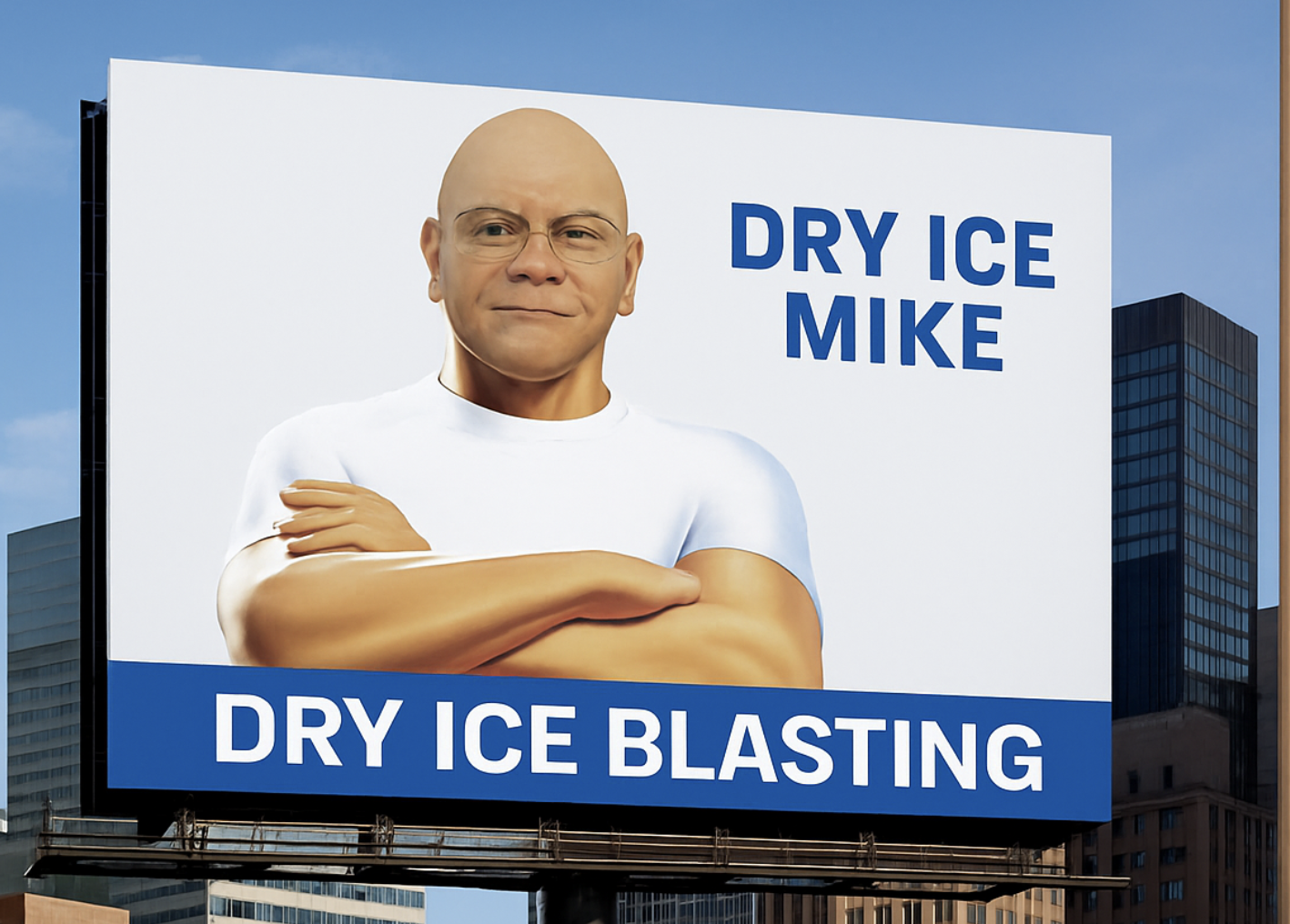 Billboard featuring a cartoon of a bald man with glasses wearing a white T-shirt, crossing arms, with the text 'Dry Ice Mike' and 'Dry Ice Blasting'.