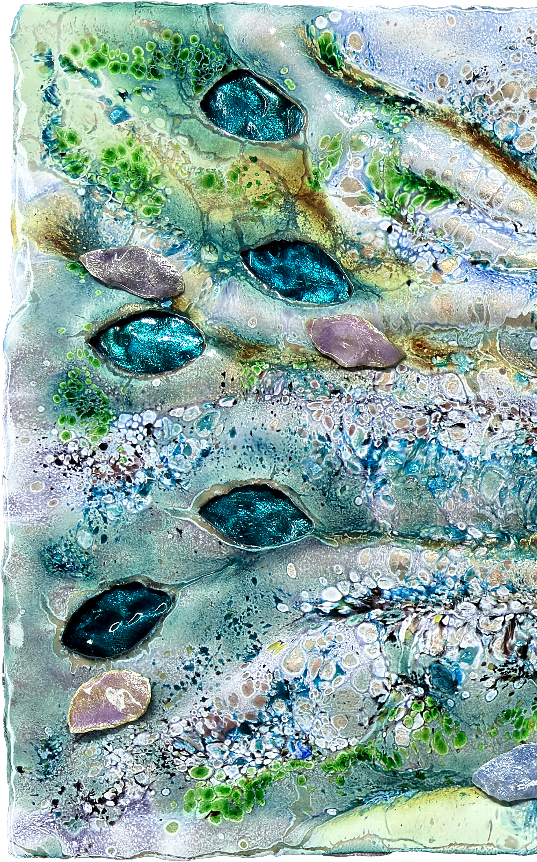 Abstract painting with blue, green, and purple hues featuring textured spots, swirling patterns, and oval shapes resembling gemstones.