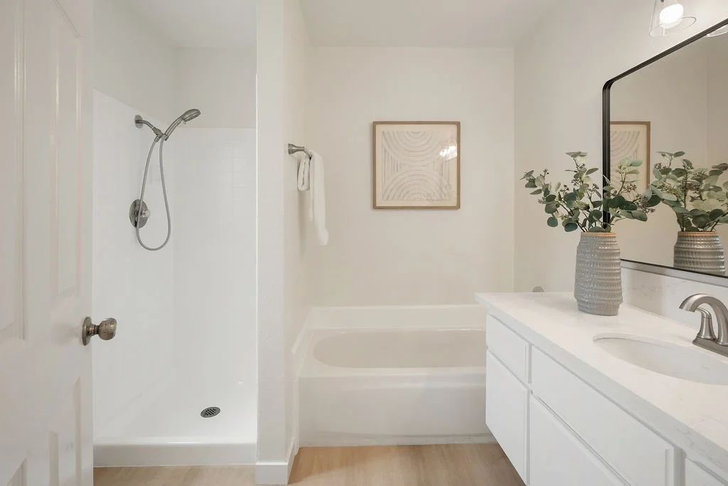 Bathroom with a walk-in shower, bathtub, white vanity with sink, large mirror, framed artwork, and two vases with green plants.