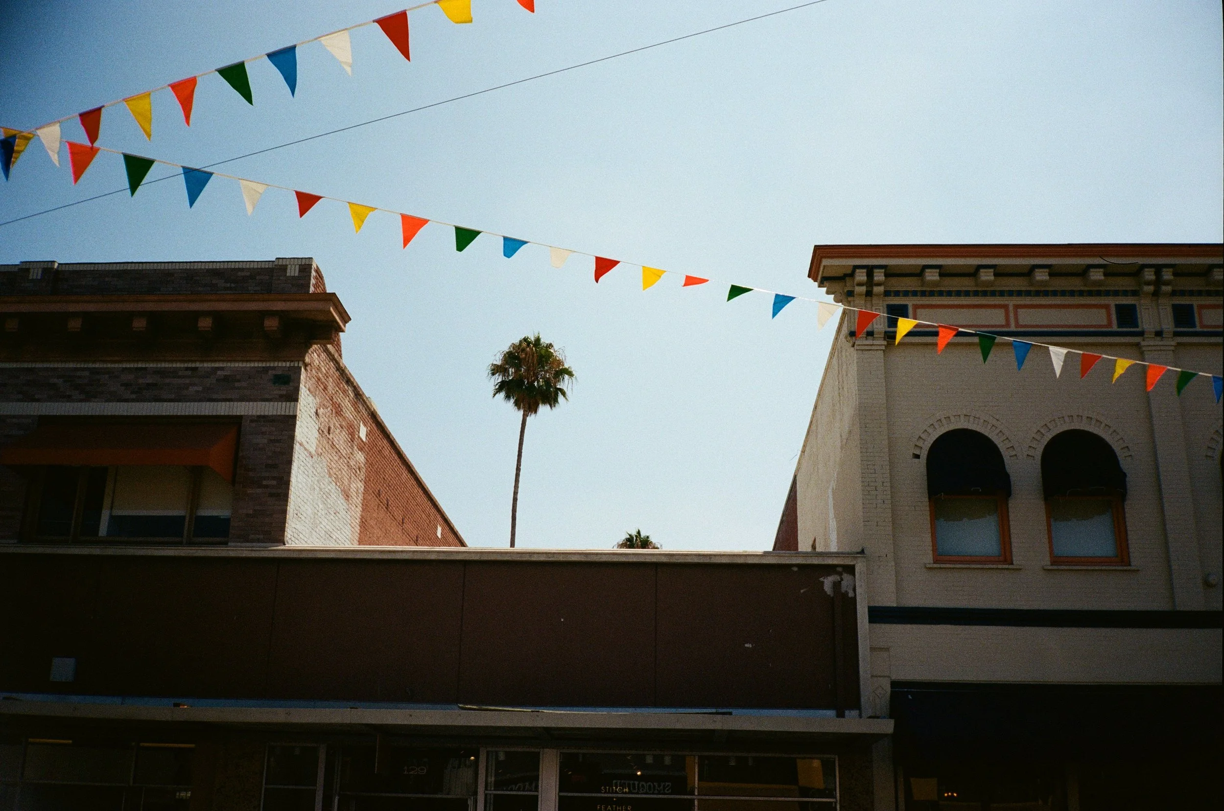 Colorful triangular pennant banners hanging between nearby buildings on a clear day with a palm tree in the background.