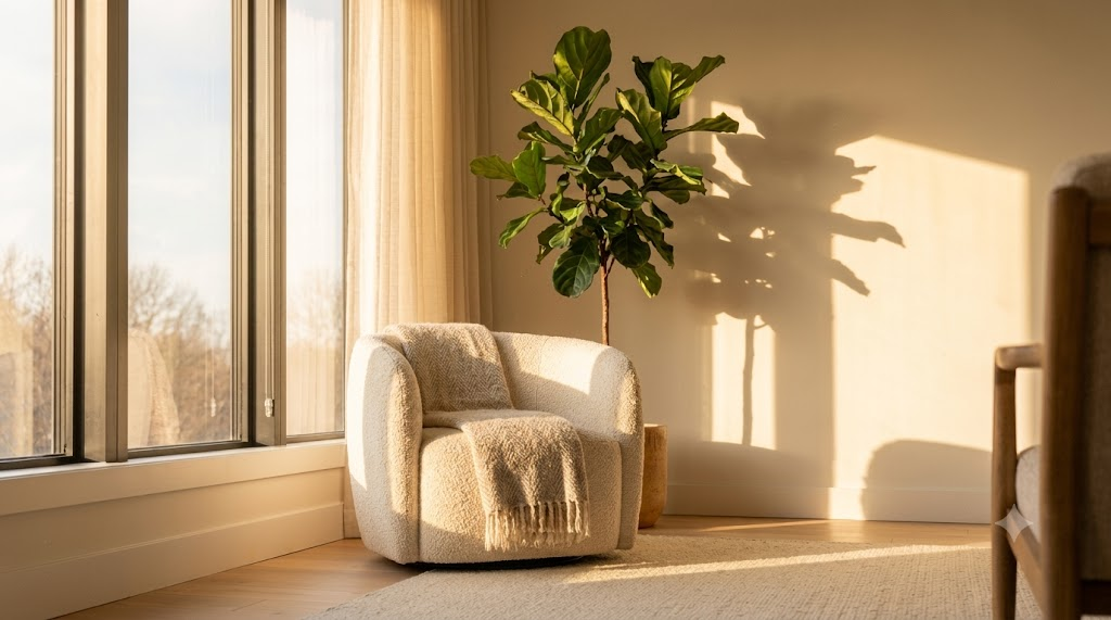 Sunlight streaming into a room with a beige armchair, a potted plant, and large windows with beige curtains.