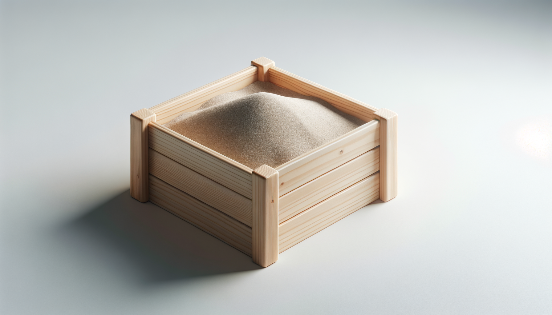 Wooden box filled with fine, light-colored sand placed on a plain white surface.