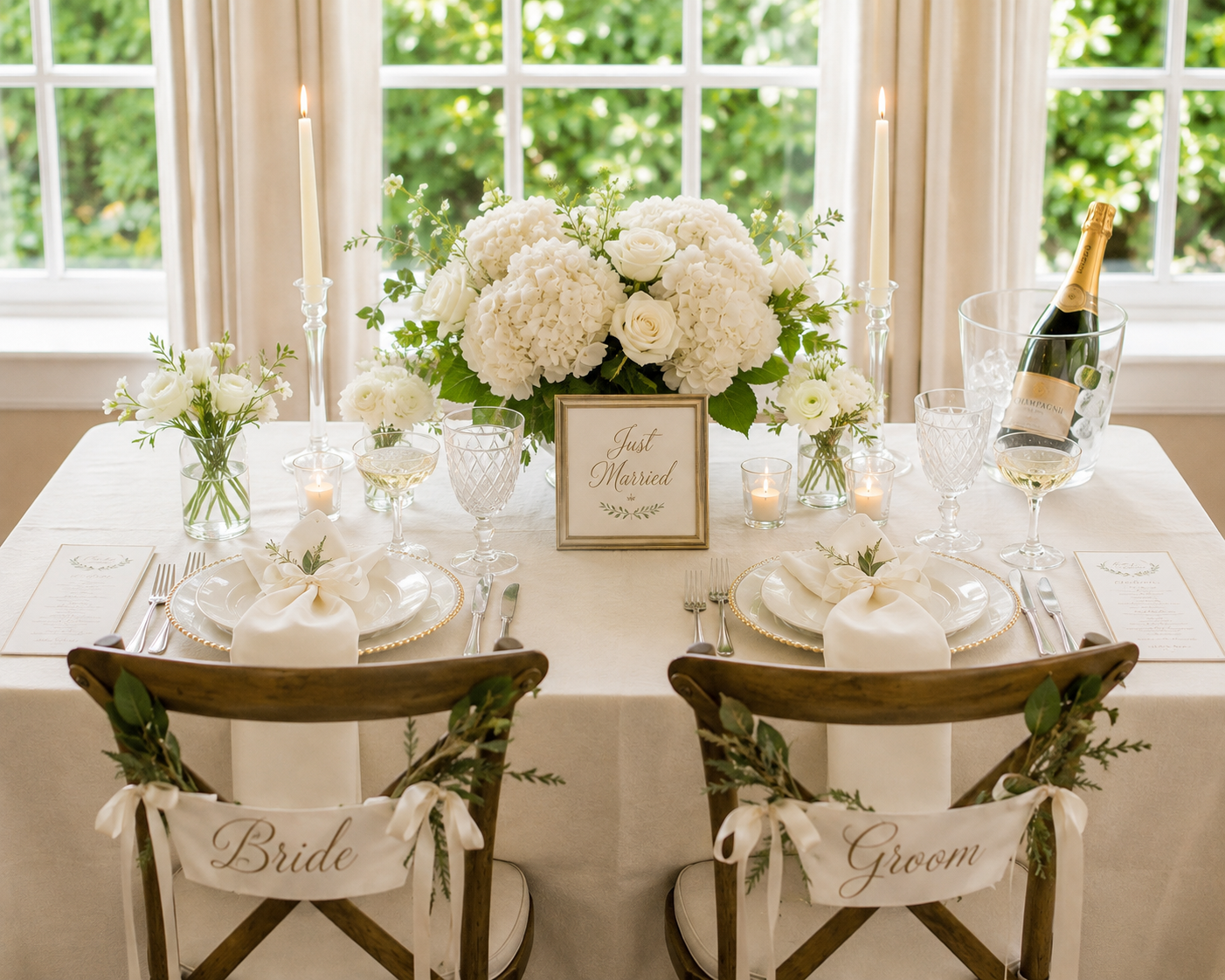 Wedding table setting with white floral centerpiece, candles, champagne, and place settings for bride and groom. 'Just Married' sign in the center, chairs with 'Bride' and 'Groom' banners.