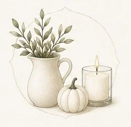 Drawing of a vase with green leaves, a lit candle in a glass holder, and a white pumpkin