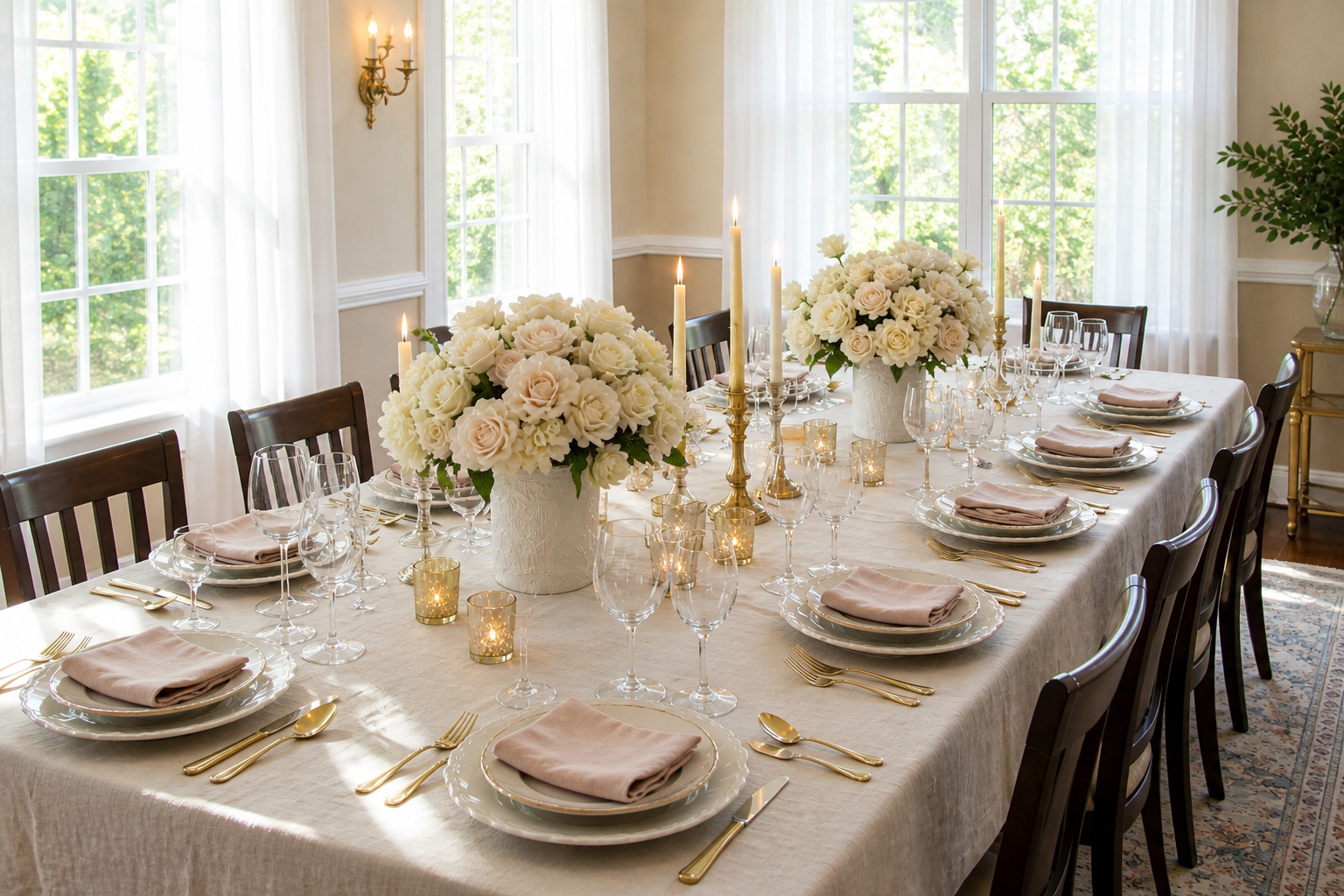Elegant dining table decorated with white and cream floral centerpieces, tall candles, and glassware, set for a formal meal in a bright room with large windows.