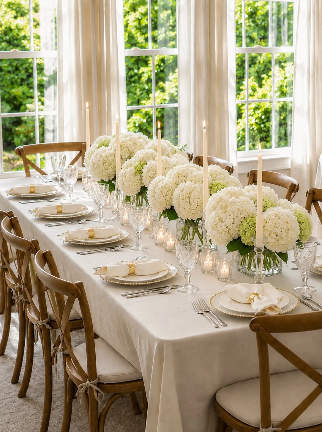 Elegant dining table decorated with white hydrangea floral centerpieces, tall white candles, and white tableware, set in front of large windows with sheer curtains.