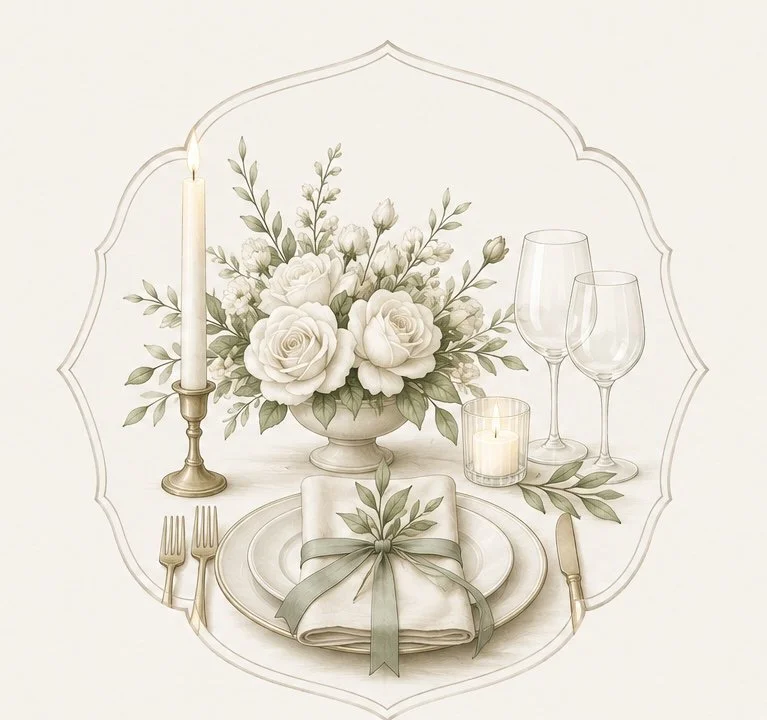 Elegant table setting with a floral centerpiece, candles, wine glasses, and cutlery on a white background.
