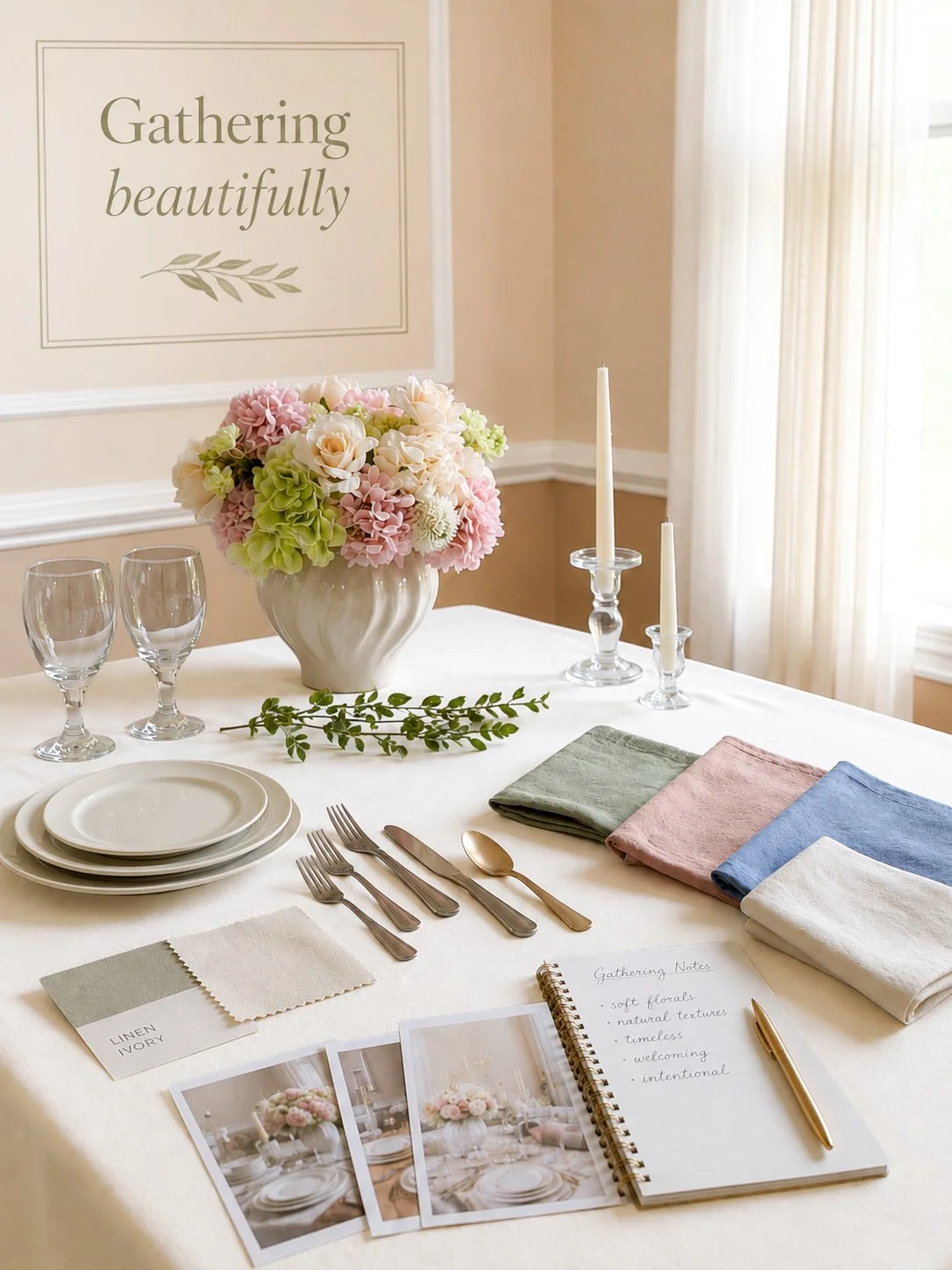 A decorated dining table with pastel napkins, white plates, gold utensils, a floral centerpiece, candles, and gathering notes, set against a wall with a sign that says 'Gathering beautifully'.