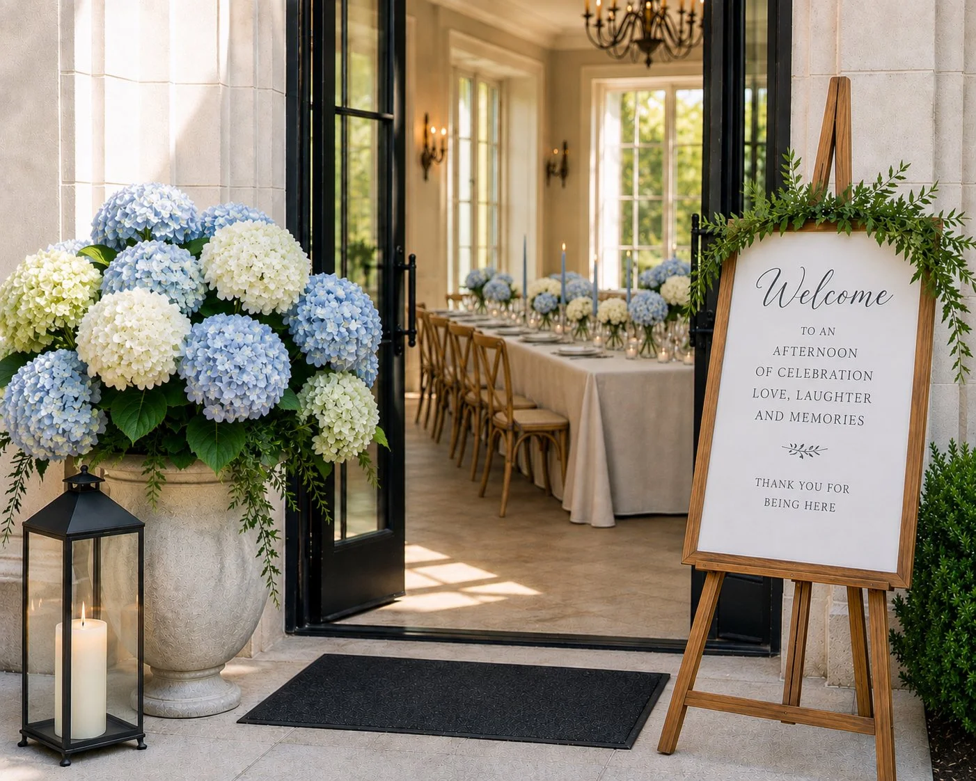 reception with a table decorated with white and blue hydrangea flowers, candles, and a welcome sign on an easel that reads, "Welcome to an afternoon of celebration, love, laughter, and memories. Thank you for being here." The reception is indoors with large windows and a chandelier.