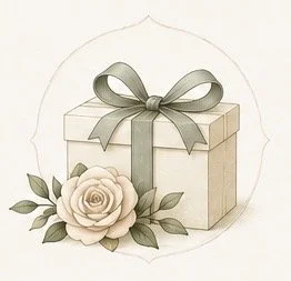 A gift box decorated with a gray ribbon bow and a white rose with green leaves.