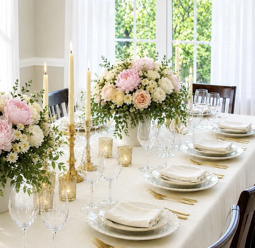 Elegant dining table set with white tablecloth, floral centerpieces, gold candles, glassware, plates, and napkins, in a bright room with large windows.