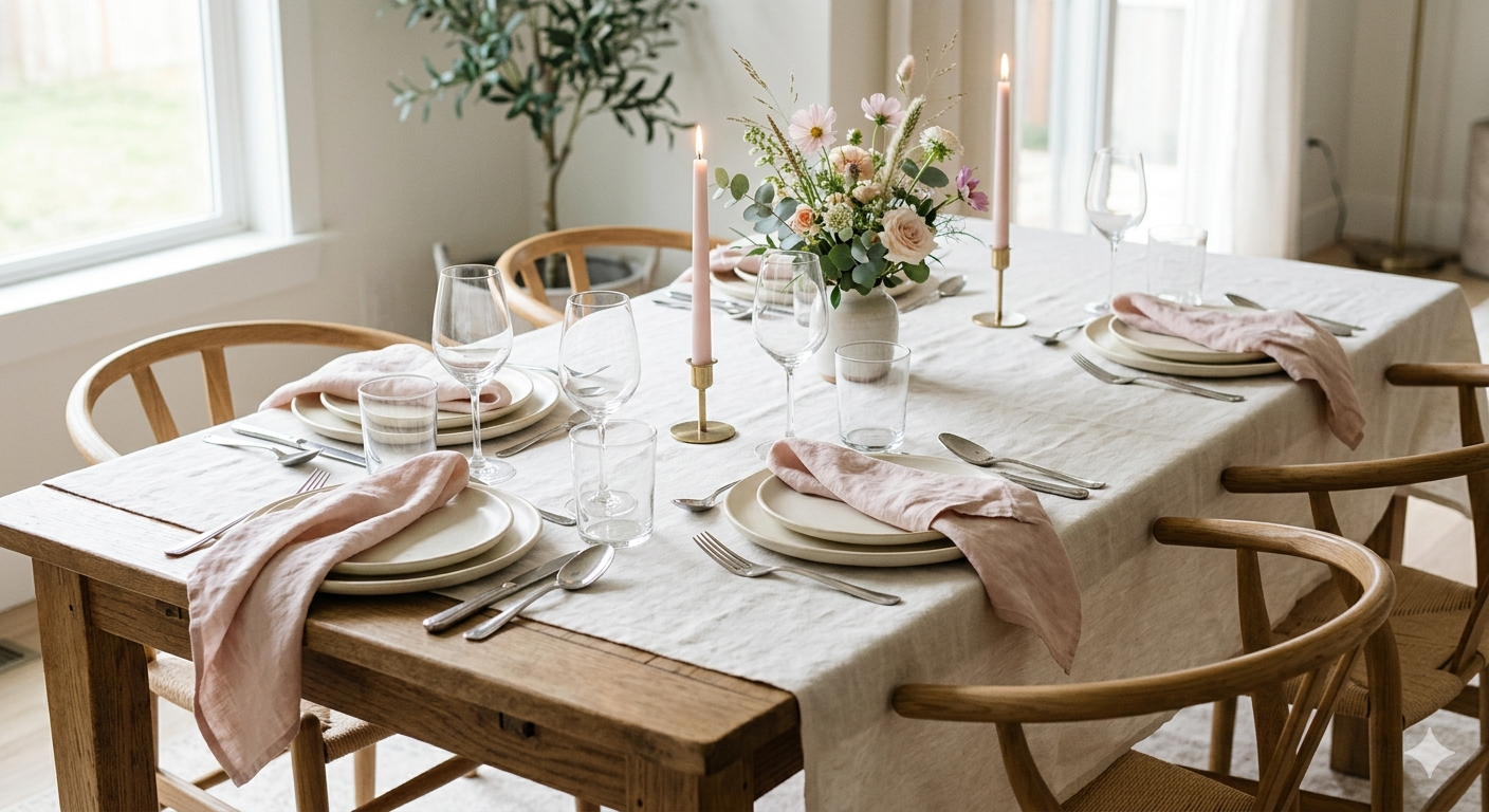 A dining table set for four with cream-colored plates, pink cloth napkins, wine glasses, water glasses, silverware, and pink candles in gold holders. A floral centerpiece with pink and white flowers is in the middle, and the table is covered with a light beige tablecloth. Chairs with wooden frames surround the table, and a window with curtains is in the background.