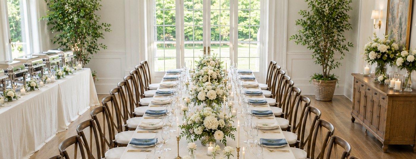 Elegant wedding reception setup with a long table set with white flowers and candles, large windows with sunlight, and matching chairs. Buffet table on the side with chafing dishes and floral decorations, and a wooden sideboard with candles and flower arrangements.