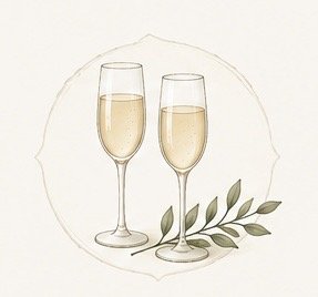 Two champagne flutes filled with champagne, with a sprig of green leaves beside them