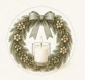 A festive wreath with green foliage and small white flowers, topped with a gray bow, surrounding a white candle with a lit flame.