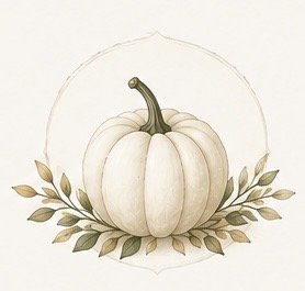White pumpkin with green stem, surrounded by brown and green leaves on a light background.