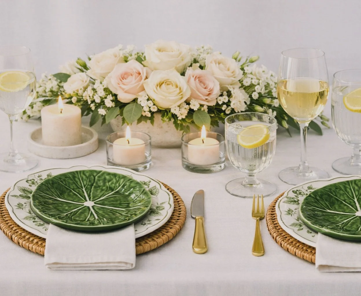 Elegant dining table set with green leaf-patterned plates, gold utensils, white napkins, candles, and a floral centerpiece with roses and candles