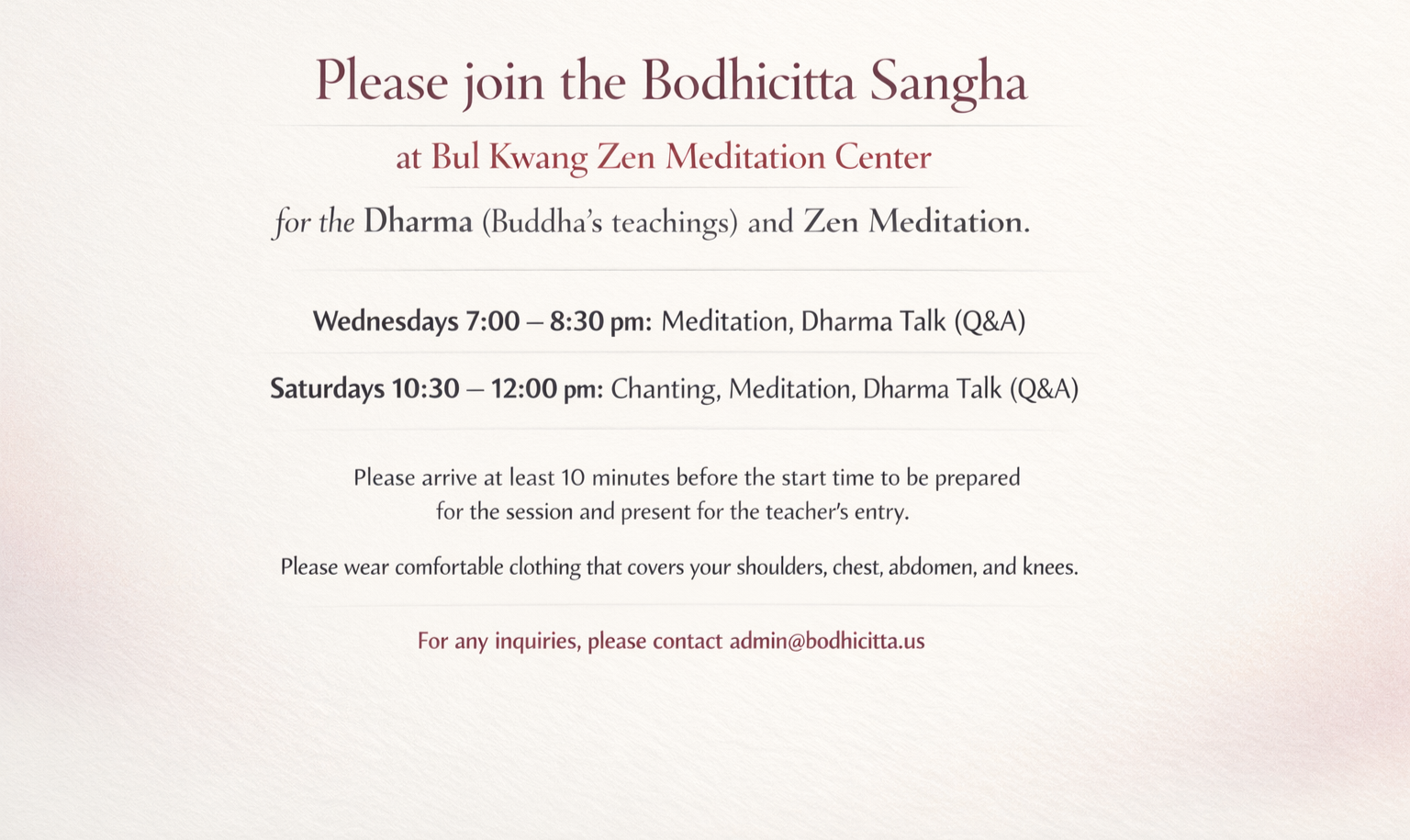 A flyer for Bodhicitta Sangha at Bul Kwang Zen Meditation Center listing session times and contact information.