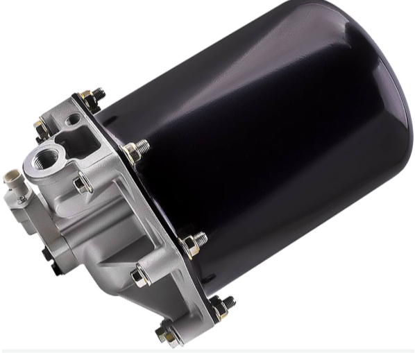 Automotive part, likely a fuel filter or separator, with a black cylindrical container attached to a metallic base with bolts.