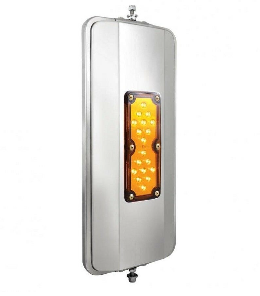 Industrial warning light with amber LEDs mounted on a gray metal enclosure.