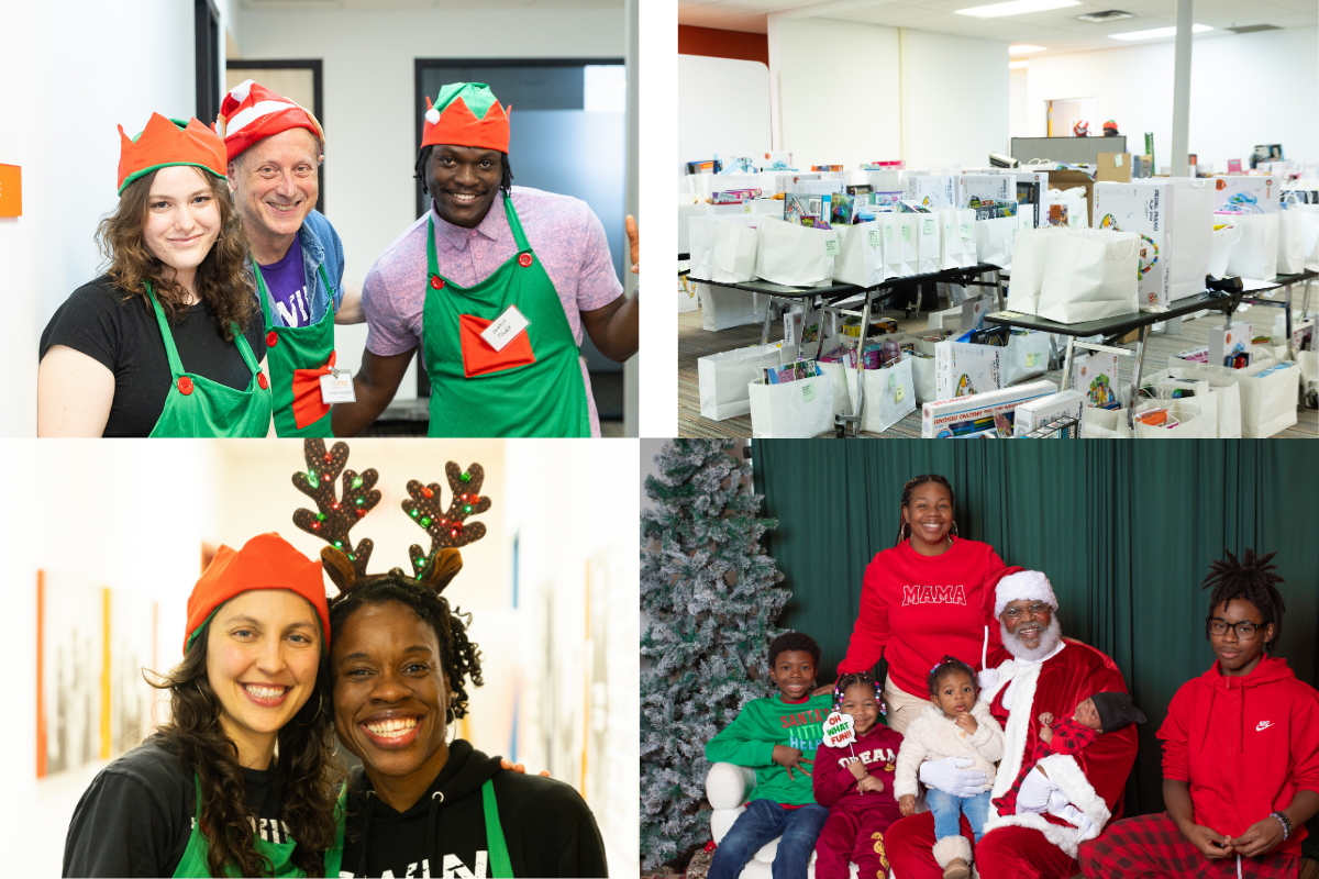 People in Christmas-themed attire, including elf hats and reindeer antlers, participating in holiday activities and taking photos with Santa Claus.