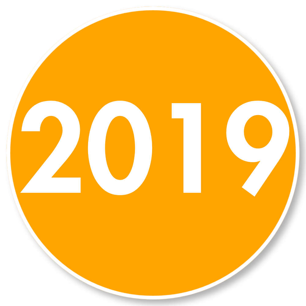 Orange circle with white text reading "2019" in the center.