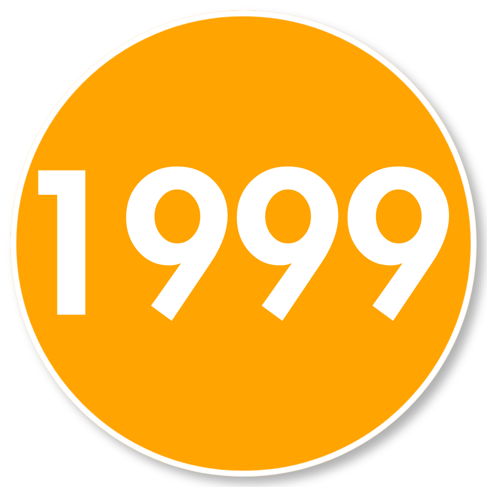Orange circle with white text reading "1999" in the center.