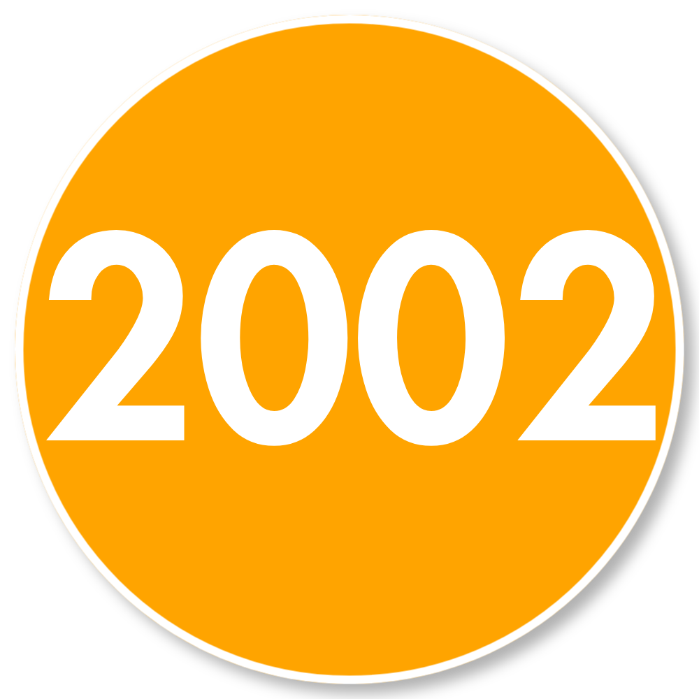 Orange circle with white text reading "2002" in the center.