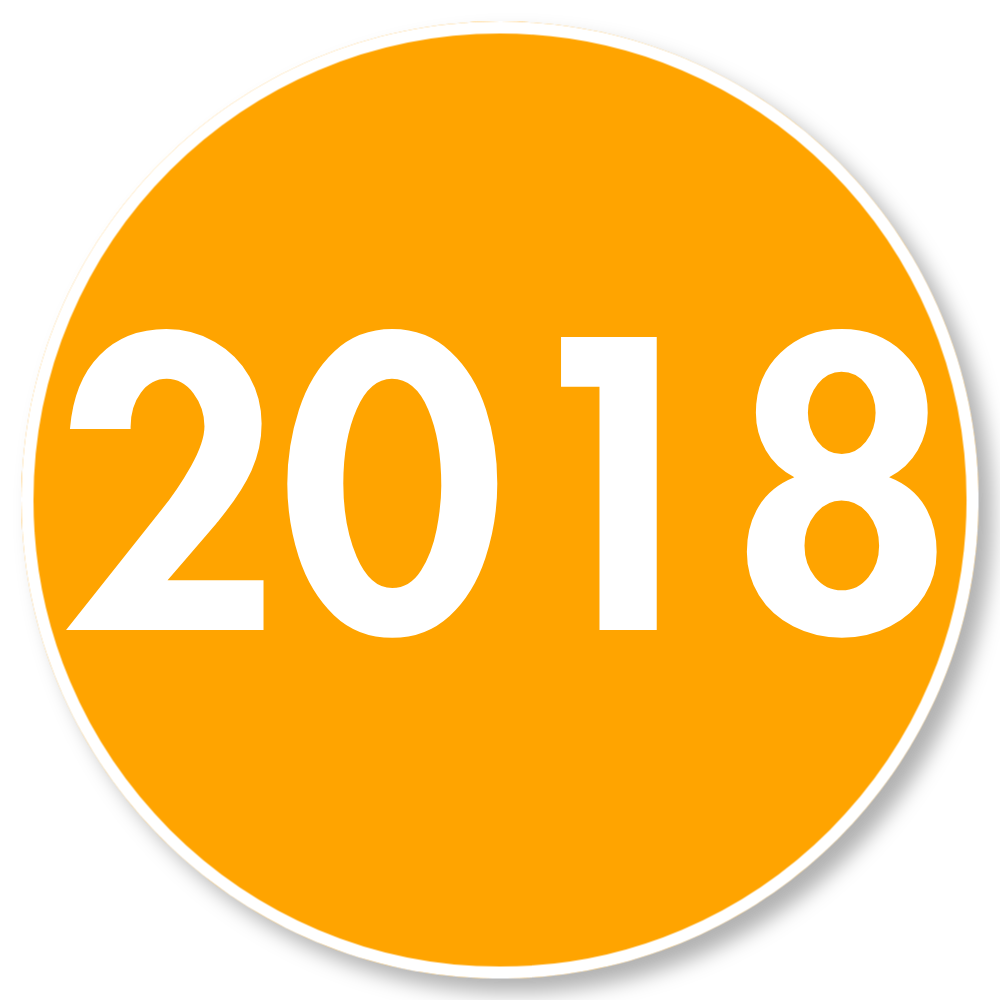 Orange circle with white text reading "2018" in the center.
