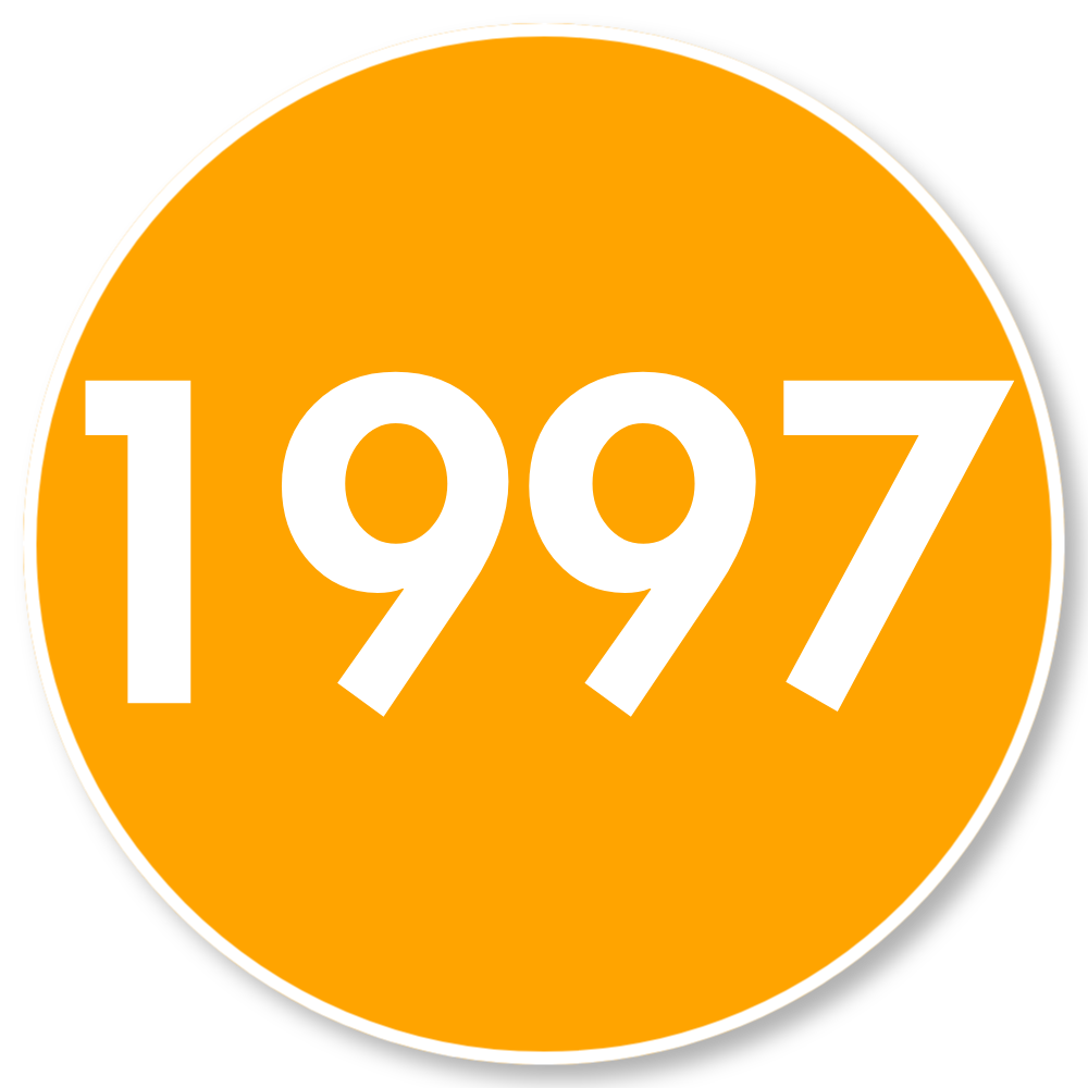 Orange circle with white text reading "1997" in the center.