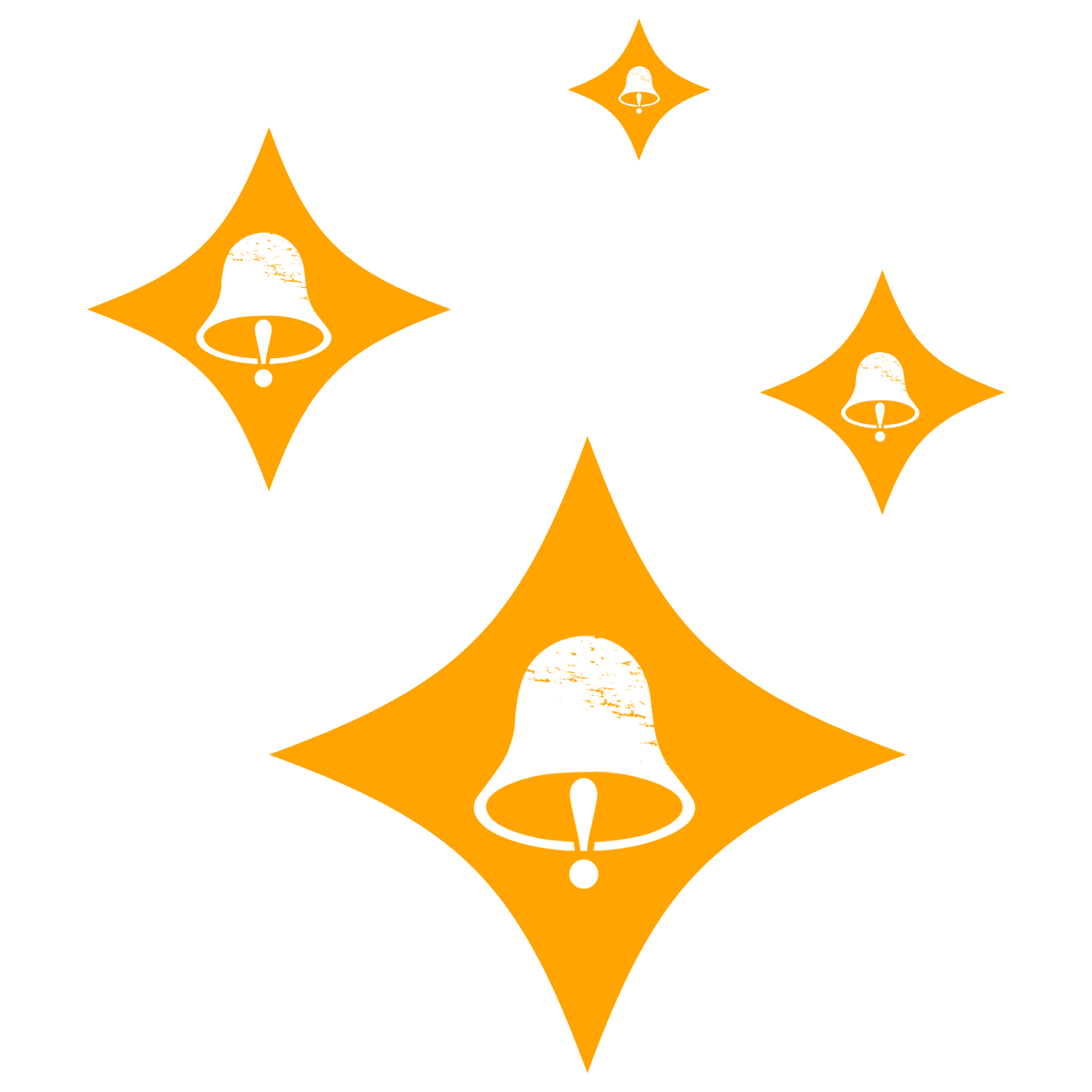 Multiple orange diamond-shaped stars with white bells inside.