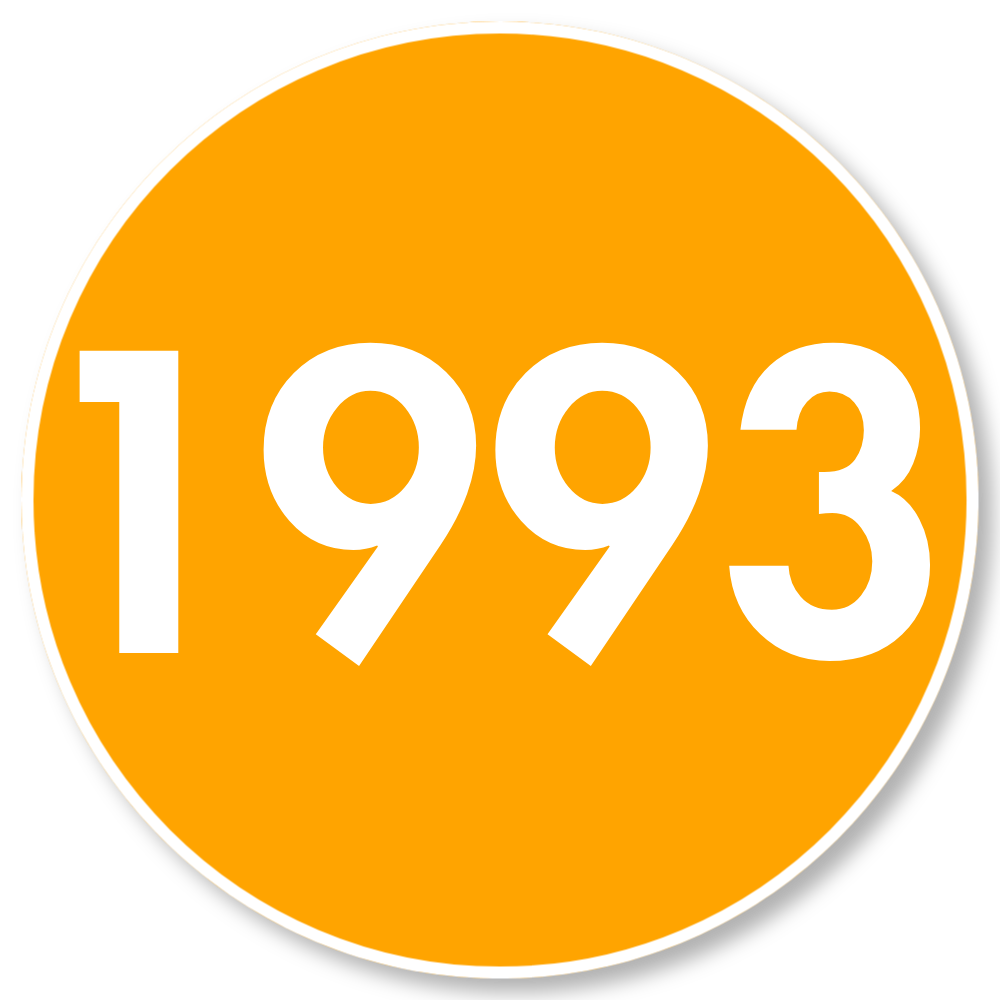 Orange circle with white text reading "1993" in the center.