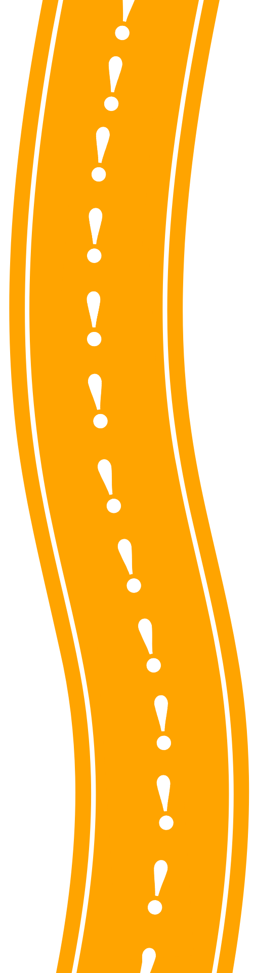 Orange road sign with white dashed line and caution exclamation marks.