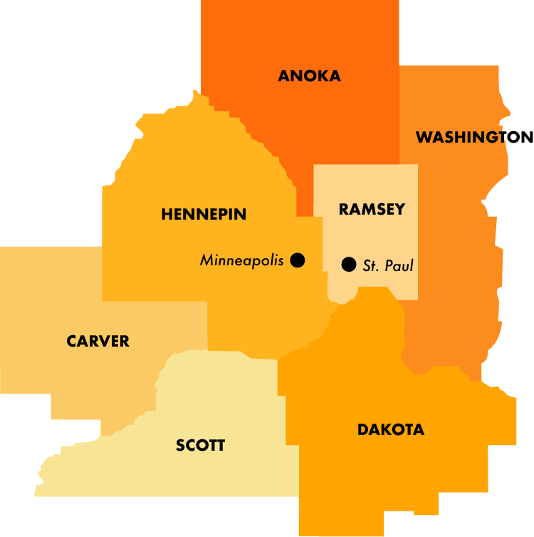 Map of the Twin Cities Metro area showing different counties labeled with their names, including Hennepin, Ramsey, Anoka, Washington, Carver, Scott, and Dakota, with Minneapolis and St. Paul marked with black dots.