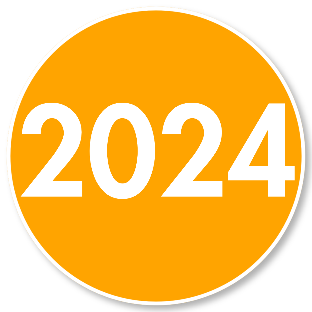 Orange circle with white text reading "2024" in the center.