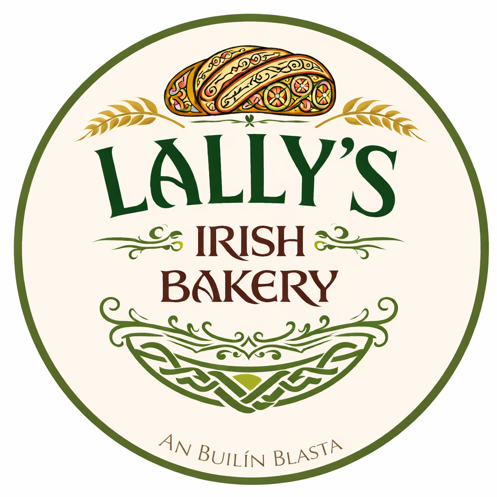 Logo for Lally's Irish Bakery with an illustration of a decorative Irish soda bread at the top and Celtic knot designs at the bottom, with the text 'Lally's Irish Bakery' and the tagline 'An Builín Blasta'.