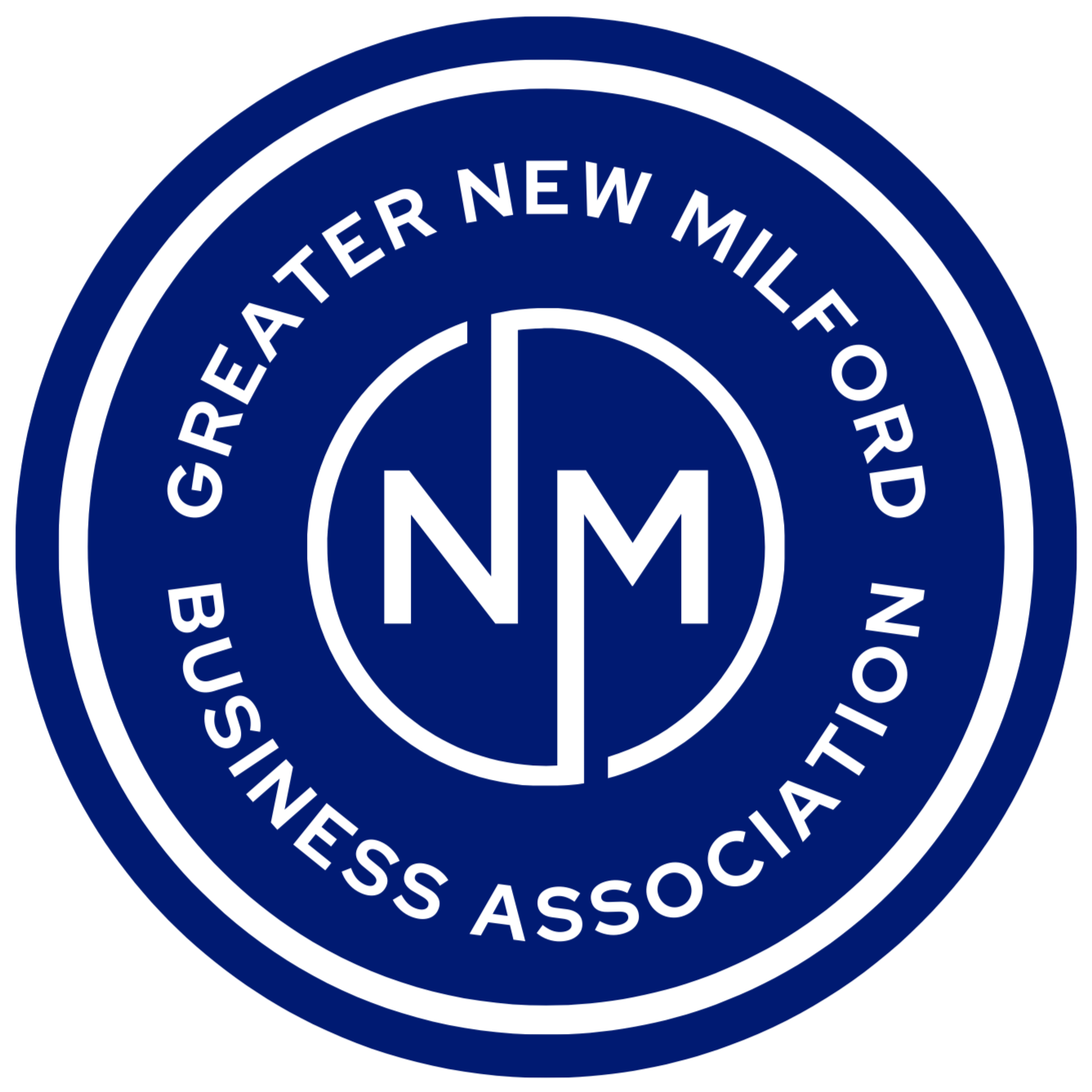 The logo of the Greater New Milford Business Association, featuring a circular emblem with the initials N and M separated by a vertical line, and the text 'Greater New Milford Business Association' around the circle.