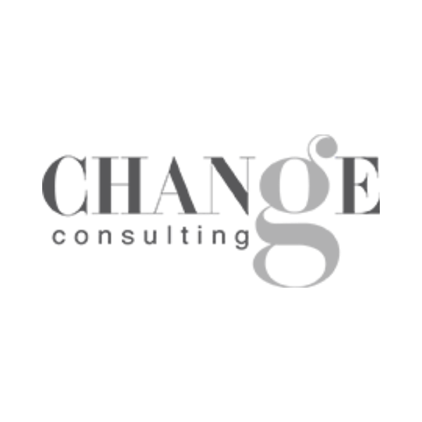 Logo for Change Consulting with the word "CHANGE" in large gray letters, the letter 'g' stylized to resemble a lowercase 'g' with a small circle on top, and the word "consulting" in smaller gray letters below.