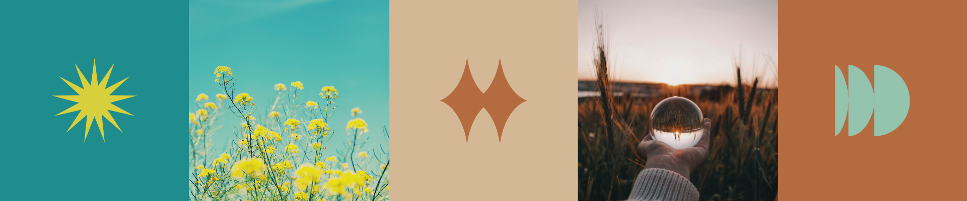 A digital collage with abstract geometric shapes, a field of yellow wildflowers, and a hand holding a glass sphere reflecting a sunset landscape.